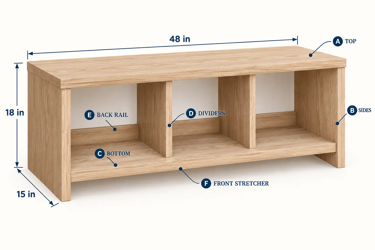 Technical perspective showing the 48 by 15 by 18 inch entryway bench