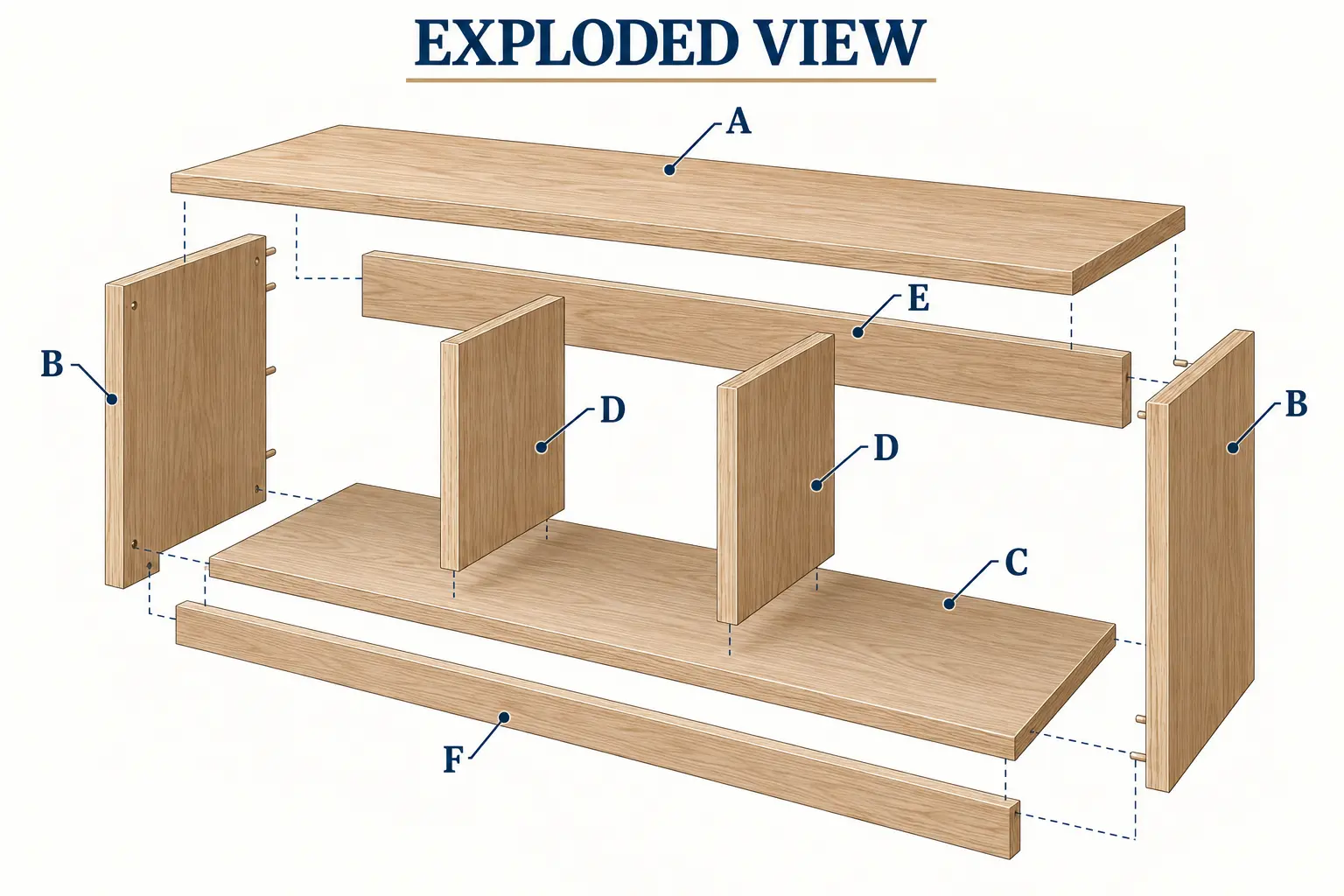 Exploded entryway bench drawing with parts A through F