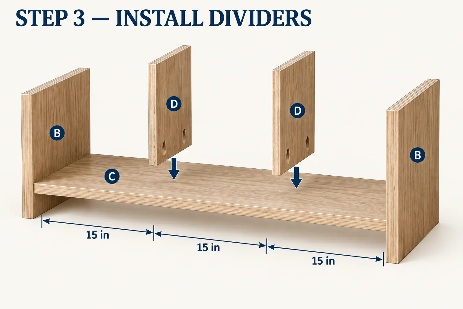 Two D dividers positioned to form three equal cubbies