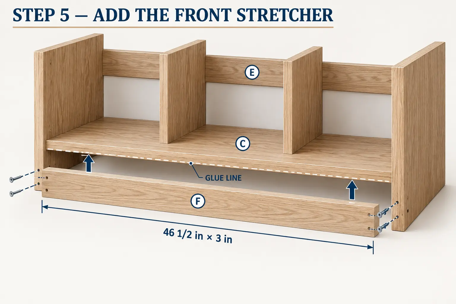 Front stretcher F supporting the raised bottom shelf