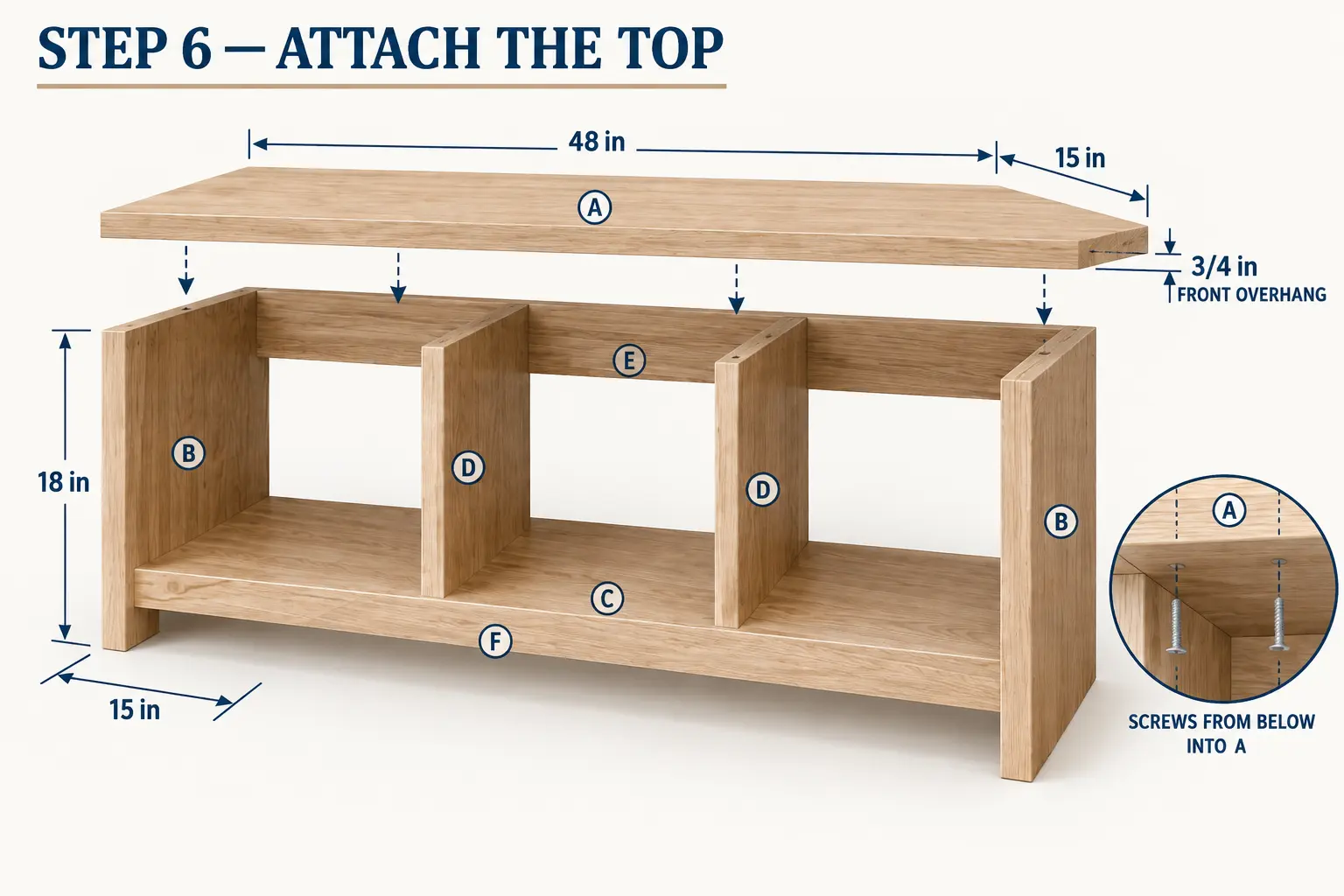 Seat top A attached to the completed cubby base