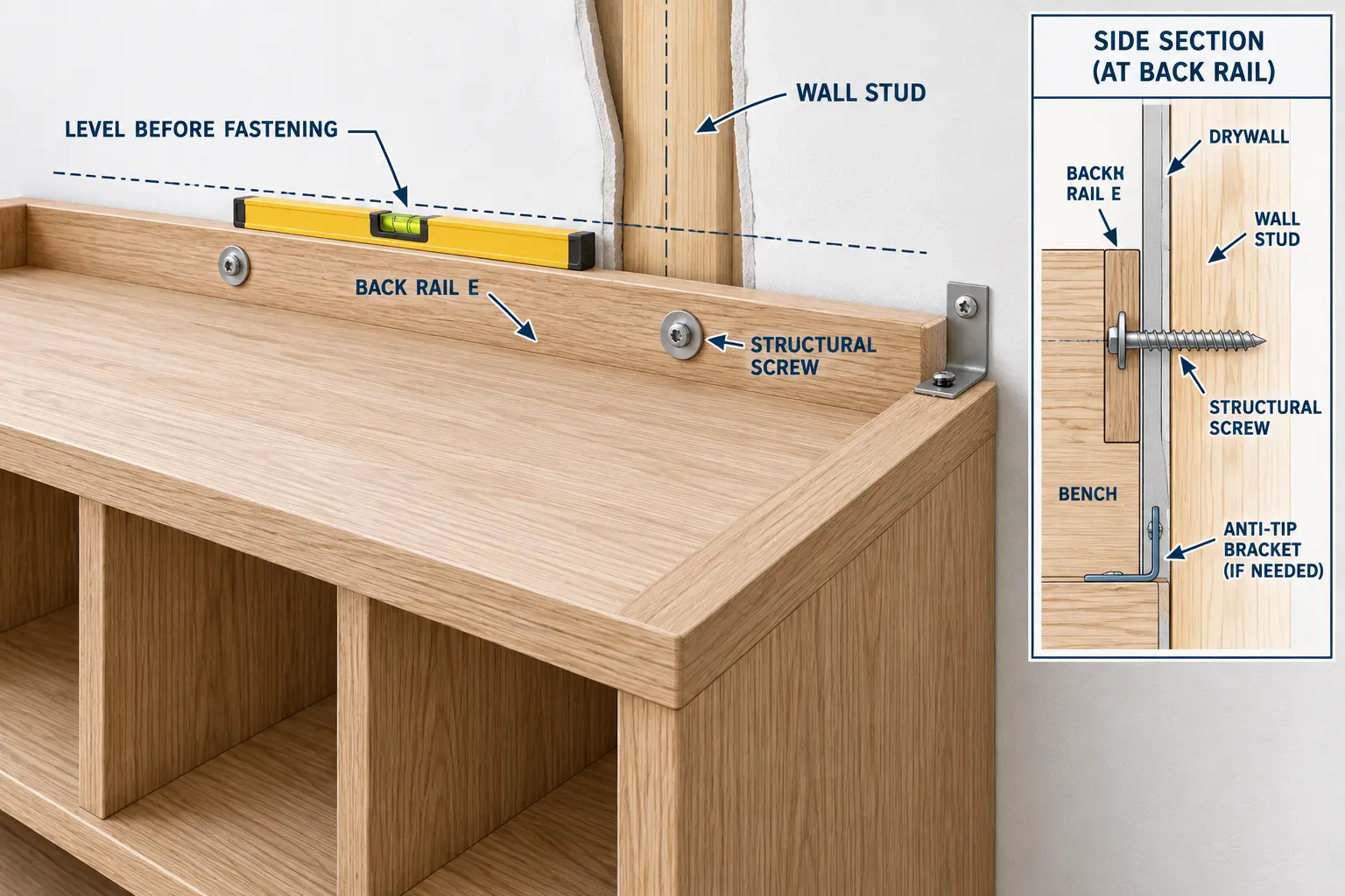 Anti-tip strap connecting the finished bench to a wall stud