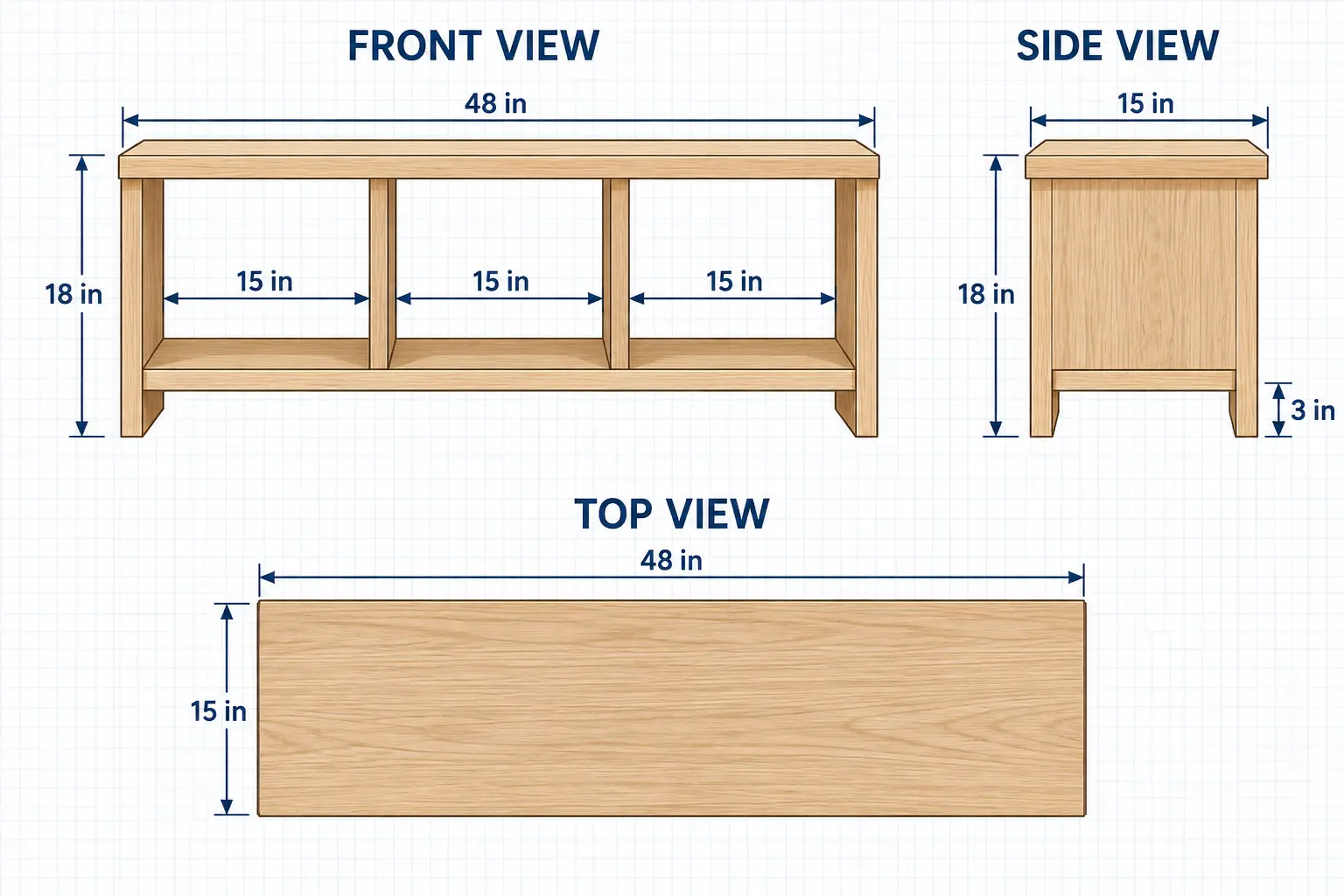 Orthographic front side and top views of the entryway bench