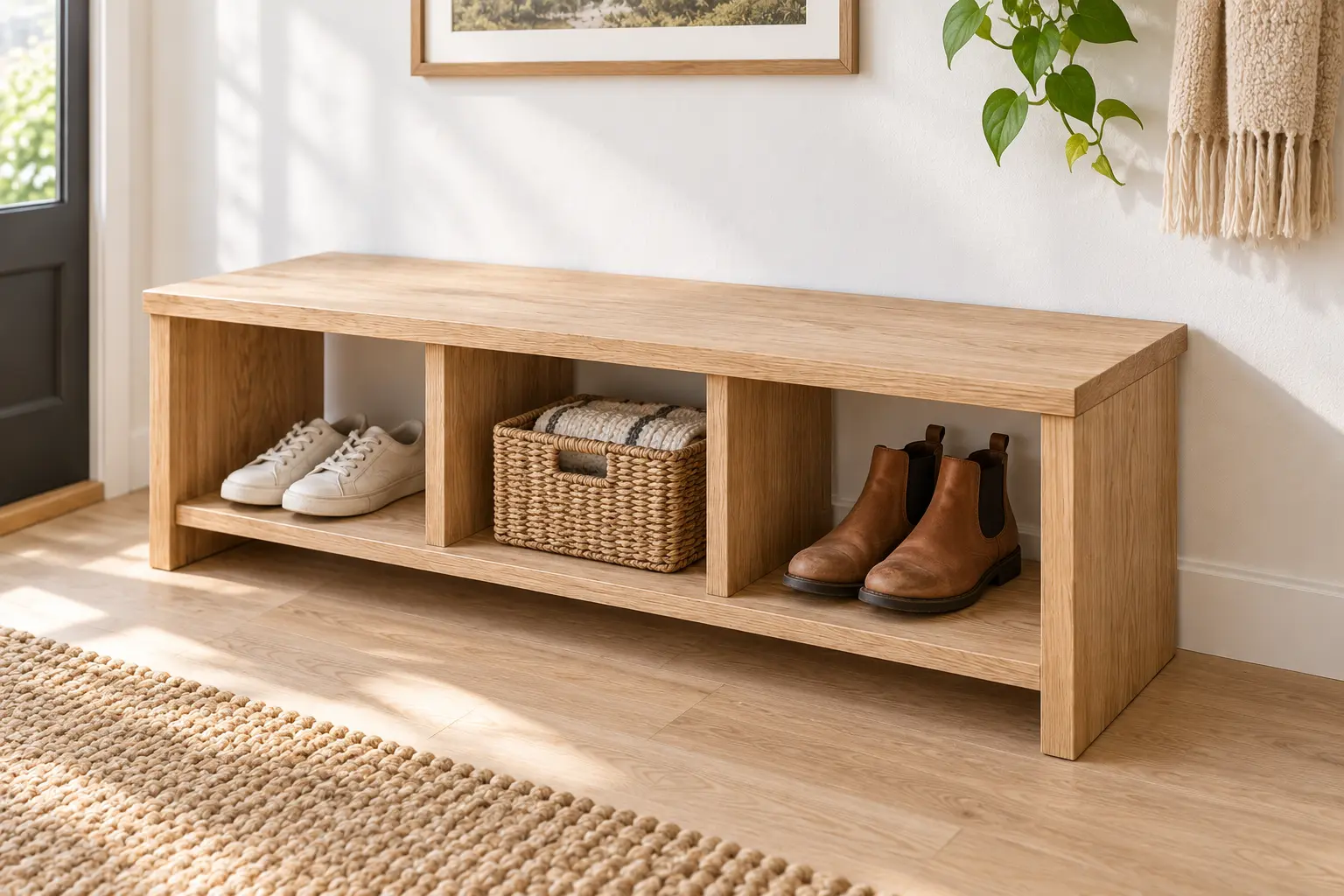 Finished entryway bench in use with shoes stored in three cubbies