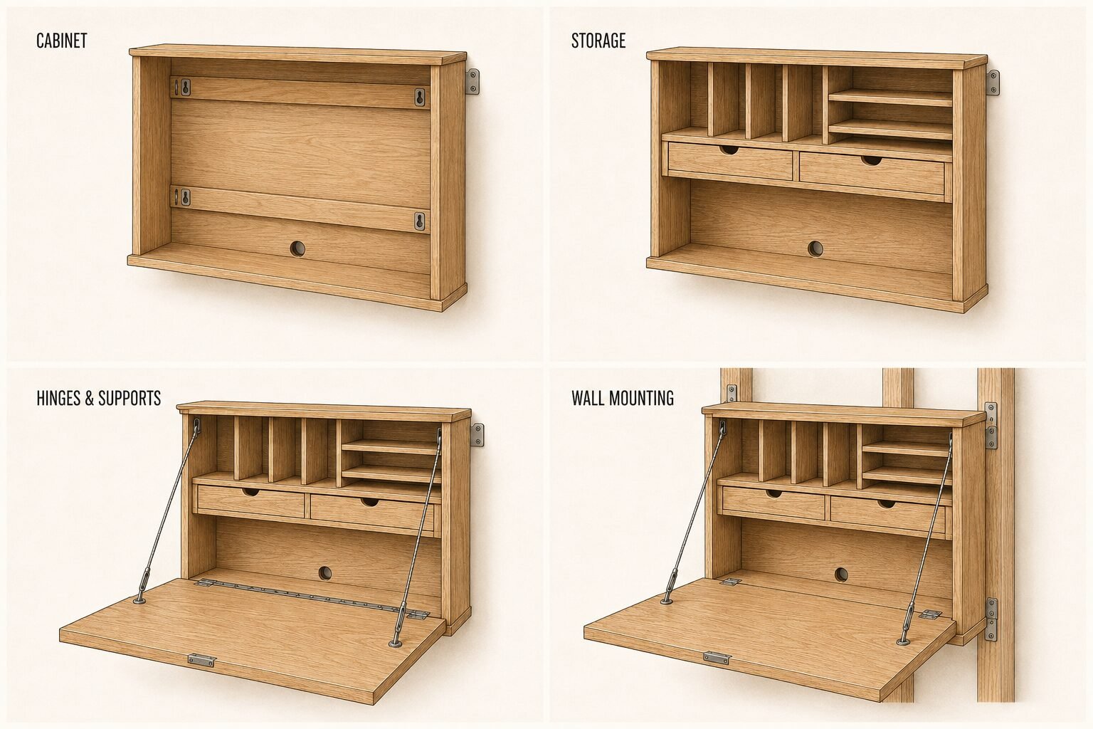 Fold-down desk cabinet, storage, hinge supports and wall mounting