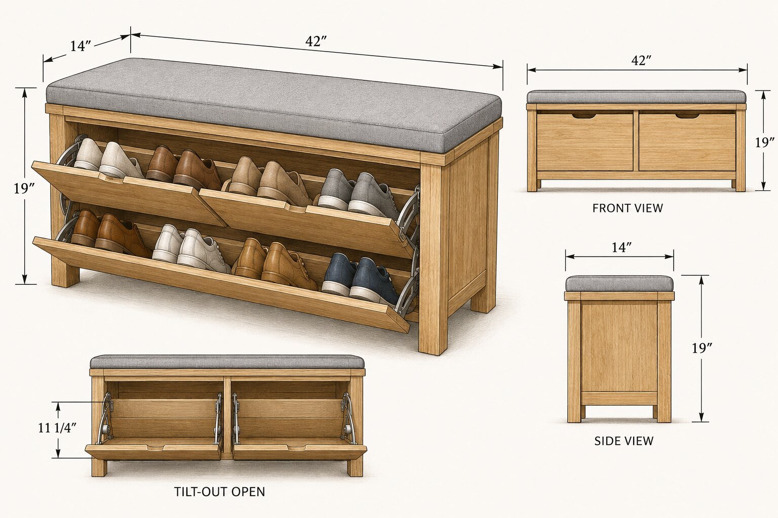 Hidden shoe storage bench woodworking plan with dimensions and tilt-out views