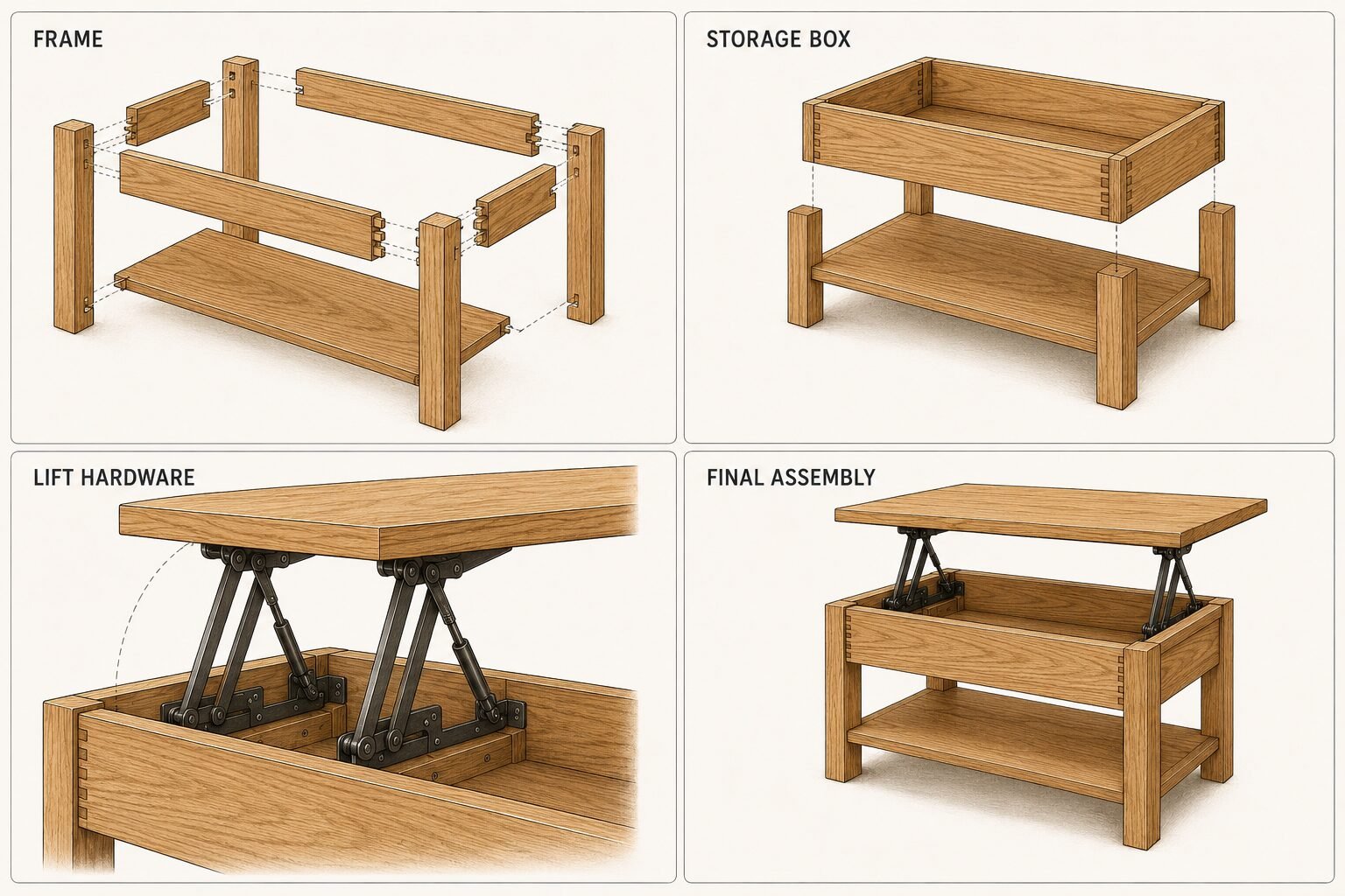 Lift-top coffee table frame, storage box, lift hardware and final assembly