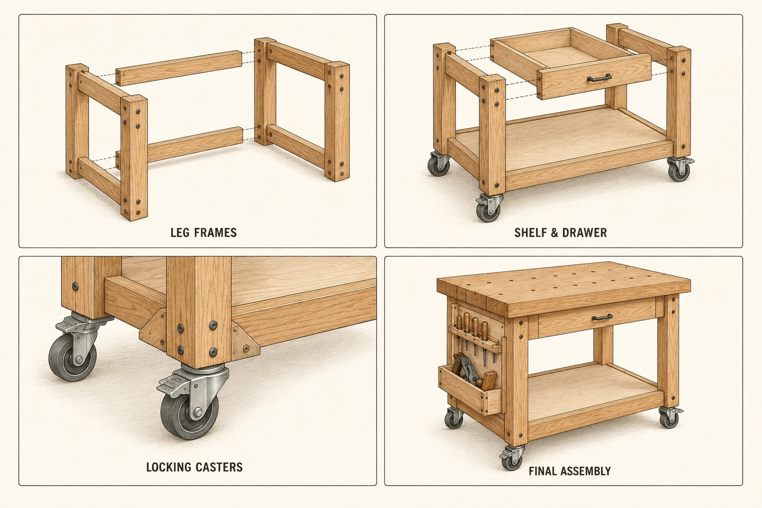 Mobile workbench leg frames, shelf, drawer, locking casters and final assembly