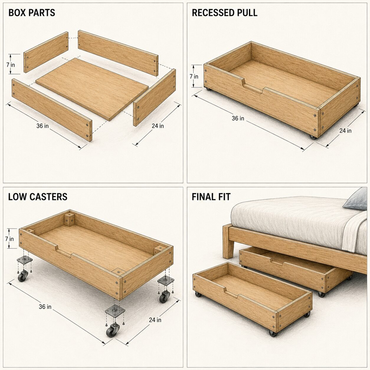 How to Build Rolling Under-Bed Storage Drawers construction breakdown