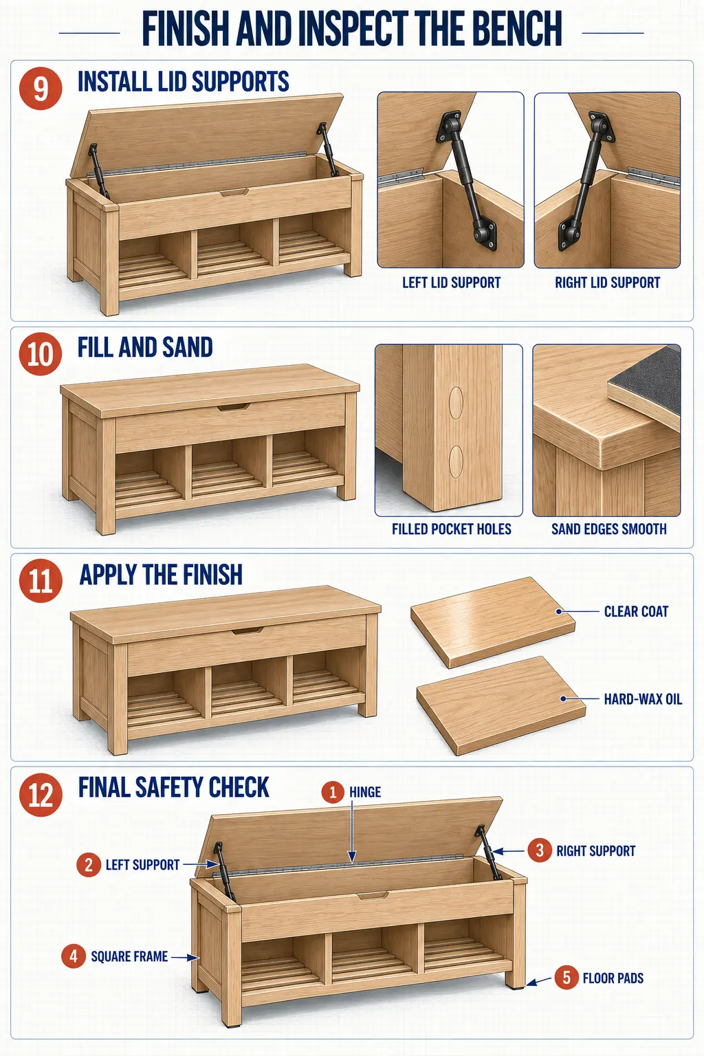 Shoe storage bench lid supports finishing and safety inspection