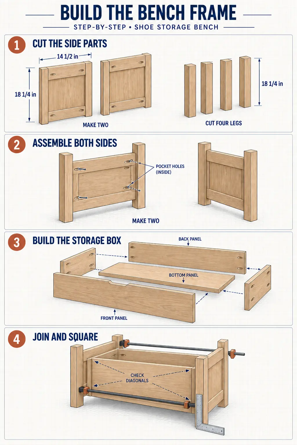 Shoe storage bench frame assembly steps