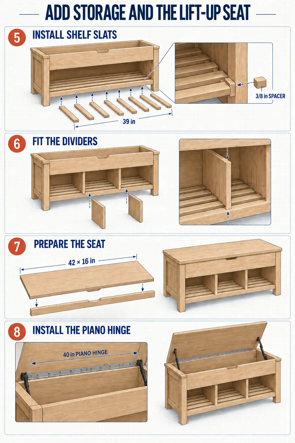 Shoe storage bench shelf seat and hinge installation