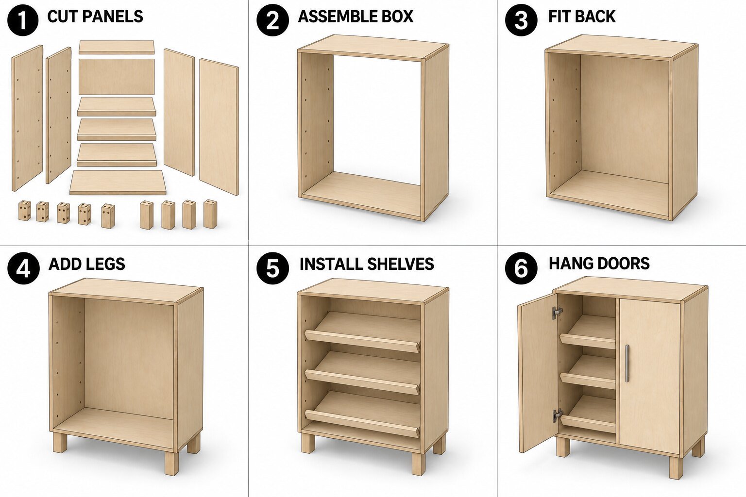Six-stage illustrated build sequence for a slim shoe cabinet