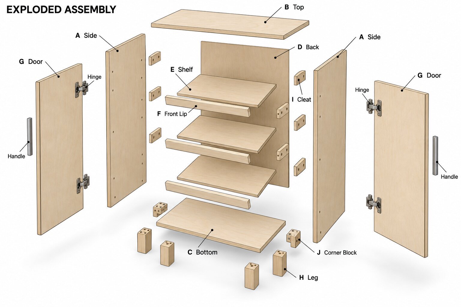 Exploded assembly drawing for the slim shoe cabinet