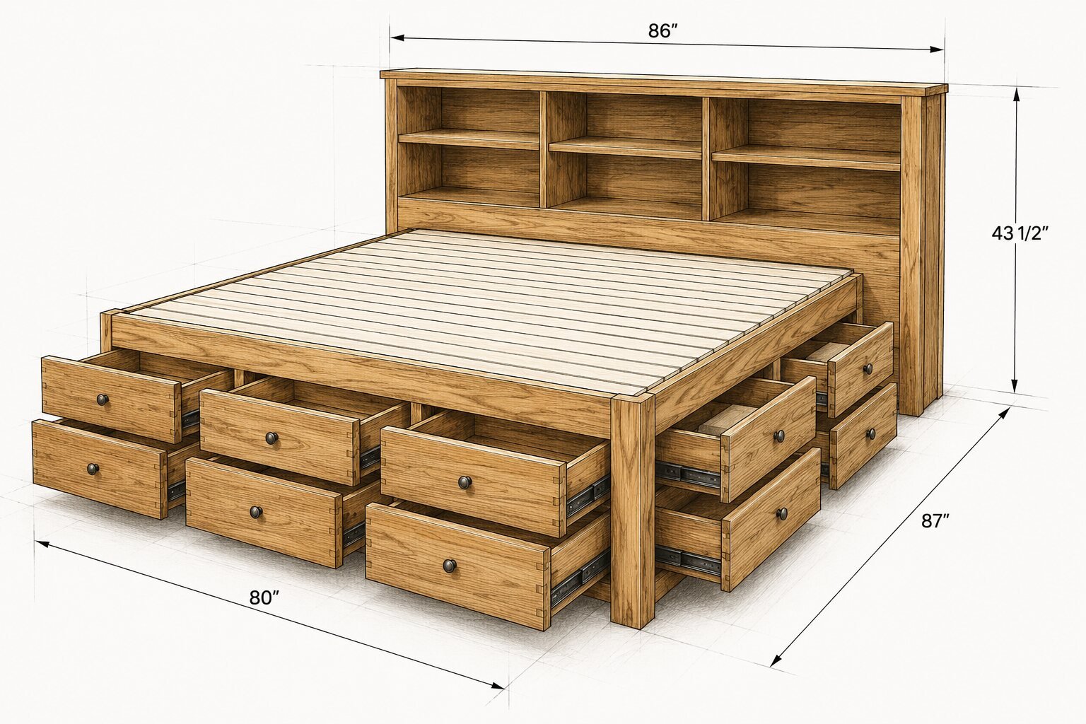 Storage bed with 12 drawers woodworking plan