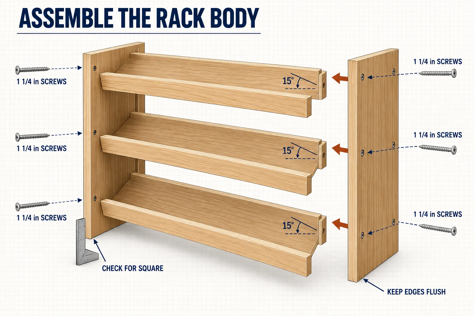 Exploded view showing the three tilted shelves joining the two side panels