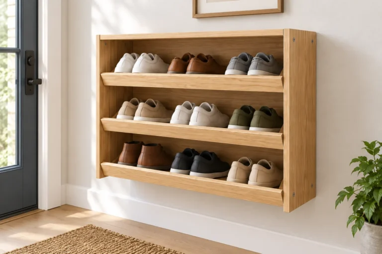 Finished light-oak wall-mounted shoe rack DIY project with three tilted shelves