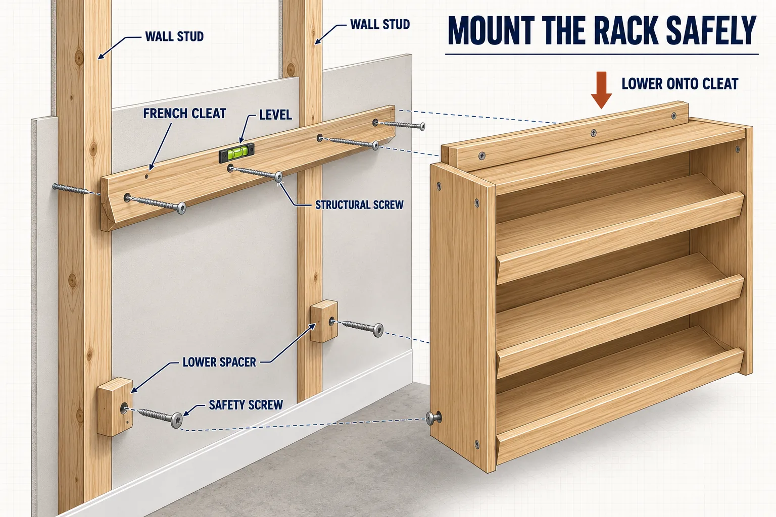 French cleat and lower safety fasteners mounted into the wall studs