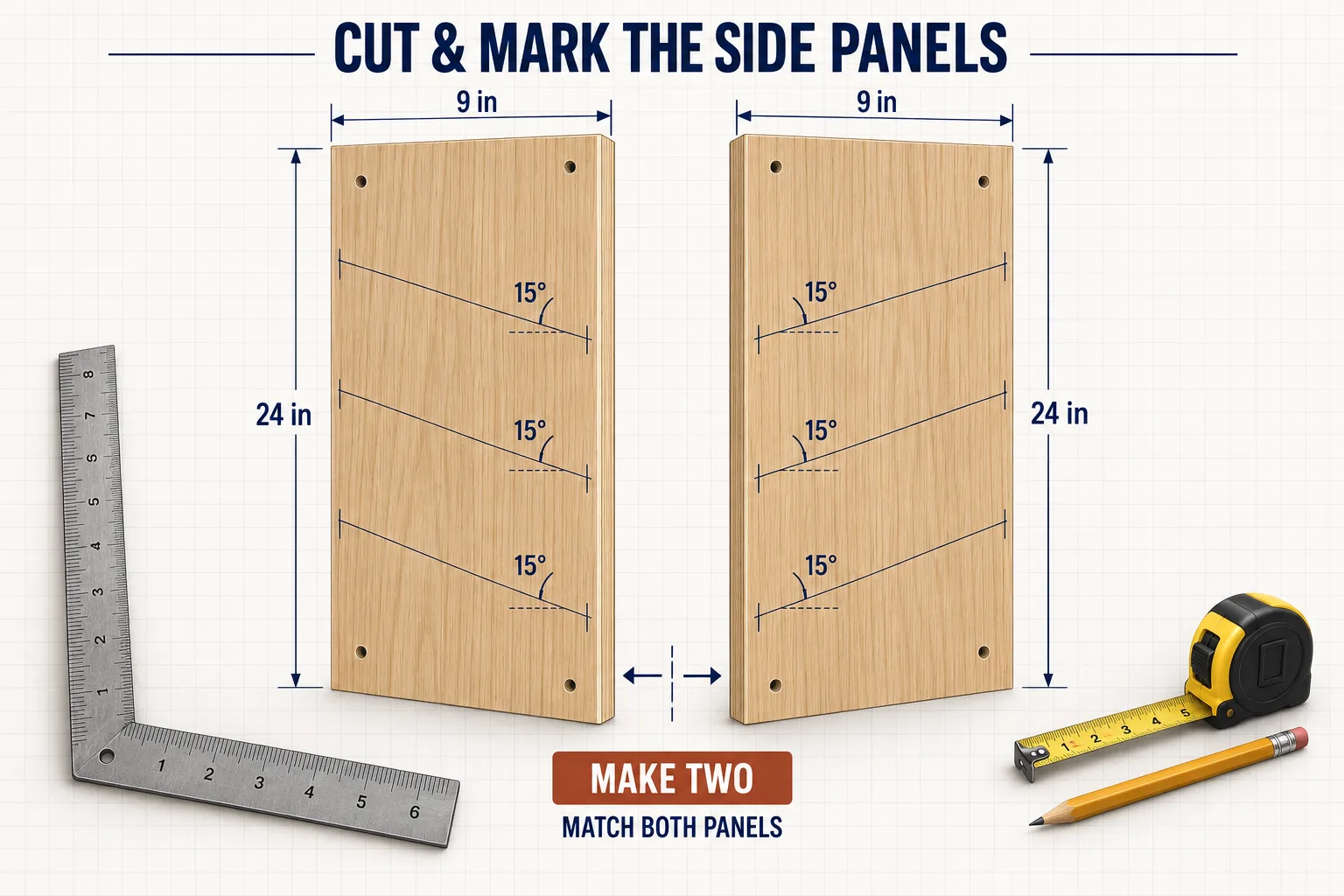 Two matching side panels marked for the tilted shelves